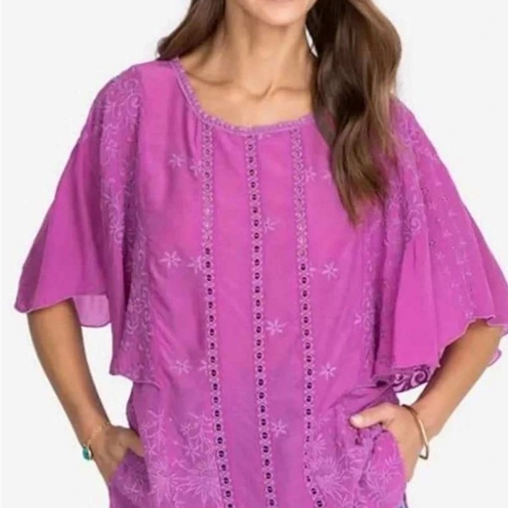 Johnny Was Magenta Pink Embroidered Flutter Sleeve Boho Blouse XS